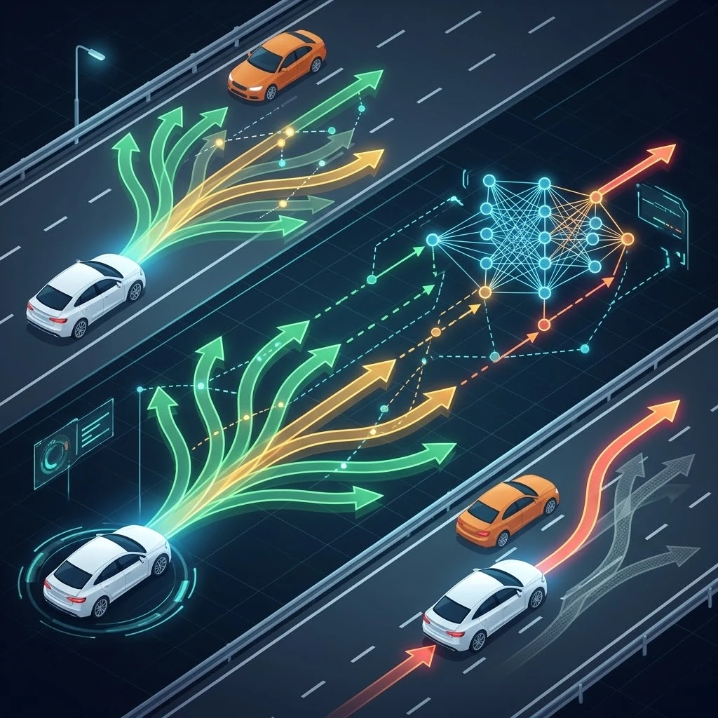 Cars on a highway with fans of candidate trajectories feeding a planning network