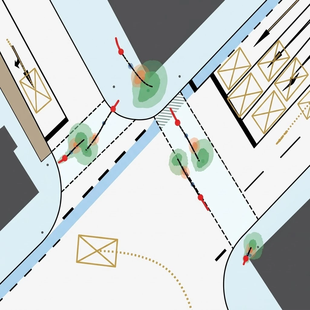Top-down street crossing with predicted pedestrian paths and uncertainty clouds